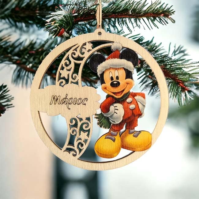 Ξύλινο Χριστουγεννιάτικο Στολίδι με Όνομα Mickey Mouse