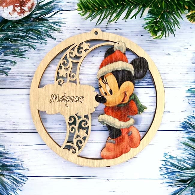 Ξύλινο Χριστουγεννιάτικο Στολίδι με Όνομα Minnie Mouse