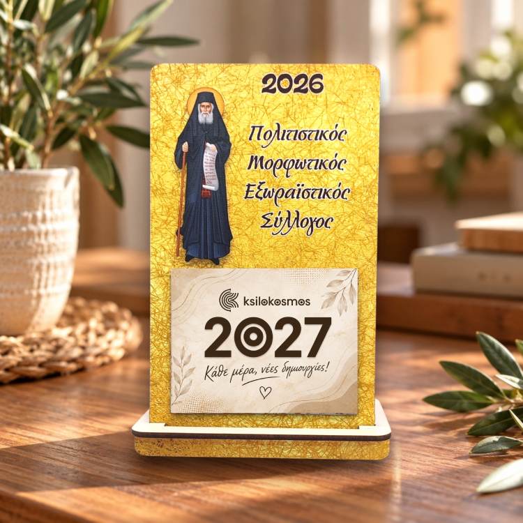 Ξύλινο Επιτραπέζιο Ημερολόγιο Άγιος Παΐσιος με Χρυσό Φόντο