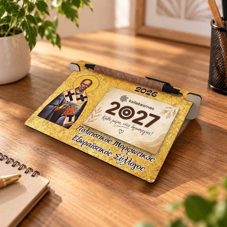 Ξύλινο Ημερολόγιο Γραφείου Άγιος Νικόλαος με Χρυσό Φόντο