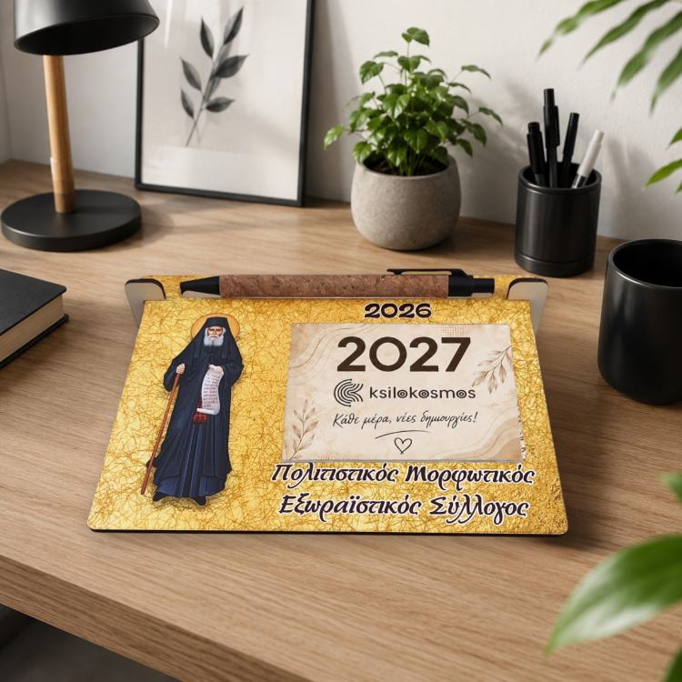 Ξύλινο Ημερολόγιο Γραφείου Άγιος Παΐσιος με Χρυσό Φόντο