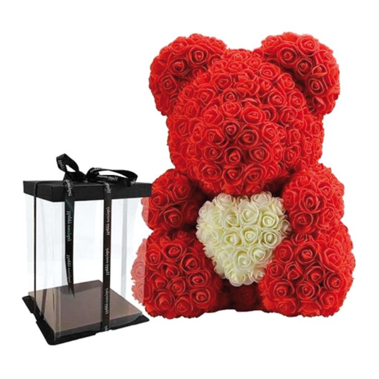 Rose Bear από Κόκκινα Τριαντάφυλλα και Άσπρη Καρδιά σε Συσκευασία Δώρου – 40 cm
