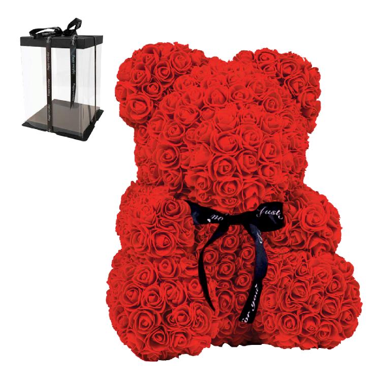 Rose Bear από Κόκκινα Τριαντάφυλλα με Φιογκάκι σε Συσκευασία Δώρου – 25 cm