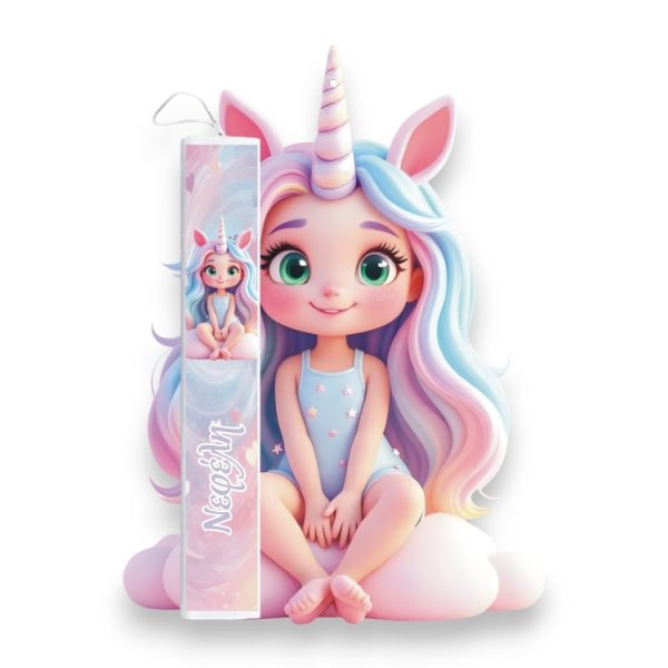 Έγχρωμη Πασχαλινή Λαμπάδα Cloud Unicorn Girl με Όνομα - Περίγραμμα