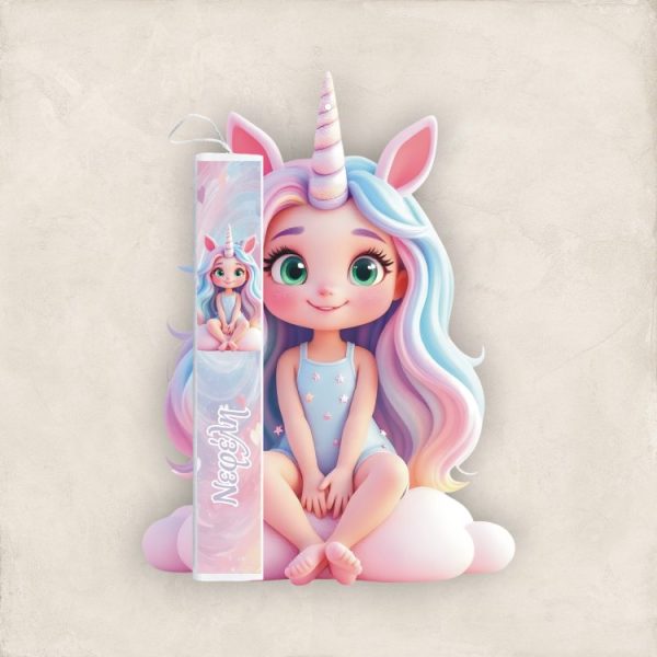Έγχρωμη Πασχαλινή Λαμπάδα Cloud Unicorn Girl με Όνομα - Περίγραμμα
