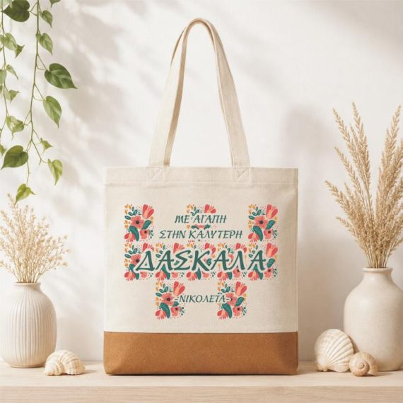 Δώρο για Δασκάλα Τσάντα Φελλός Floral Στεφάνι με Όνομα