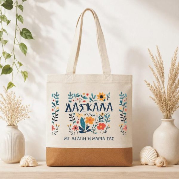Δώρο για Δασκάλα Τσάντα Φελλός Rustic Floral με Αφιέρωση