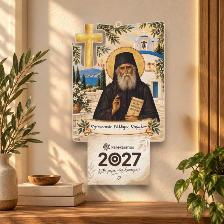 Ξύλινο Ημερολόγιο Τοίχου Άγιος Παΐσιος με Σταυρό