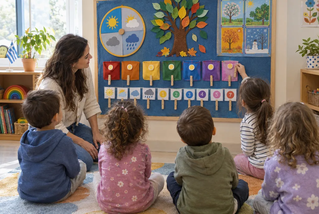 Νηπιαγωγός και παιδιά στην πρωινή παρεούλα με το ημερολόγιο της τάξης