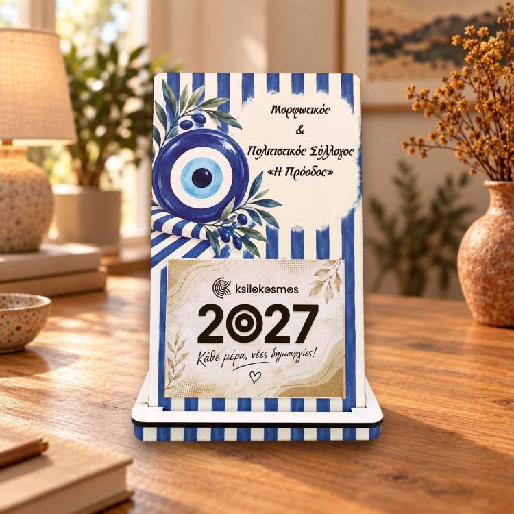Ξύλινο Επιτραπέζιο Ημερολόγιο Μάτι Γούρι
