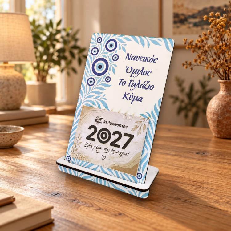 Ξύλινο Επιτραπέζιο Ημερολόγιο Μάτια σε Γαλάζια Φύλλα