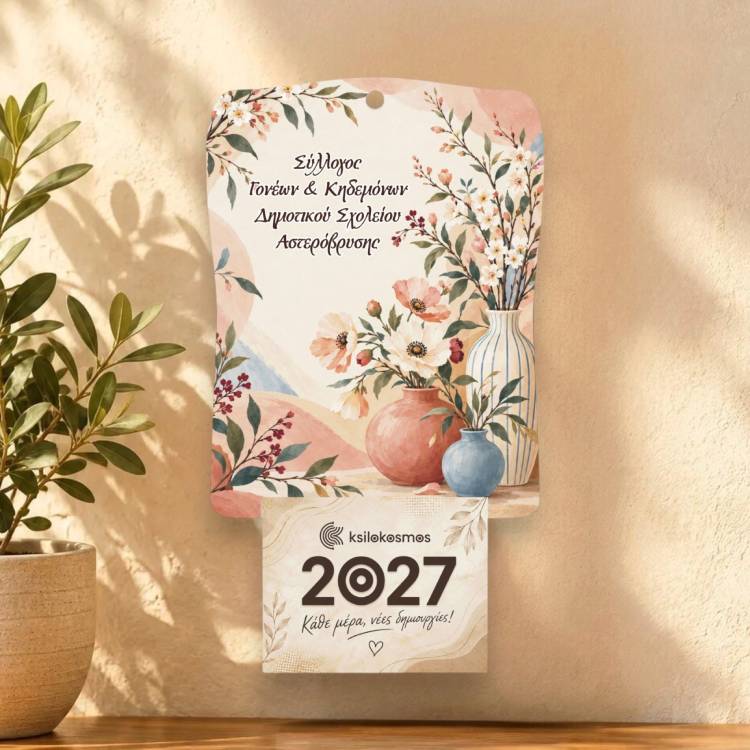 Ξύλινο Ημερολόγιο Τοίχου 2027 Ανθισμένα Κεραμικά Βάζα