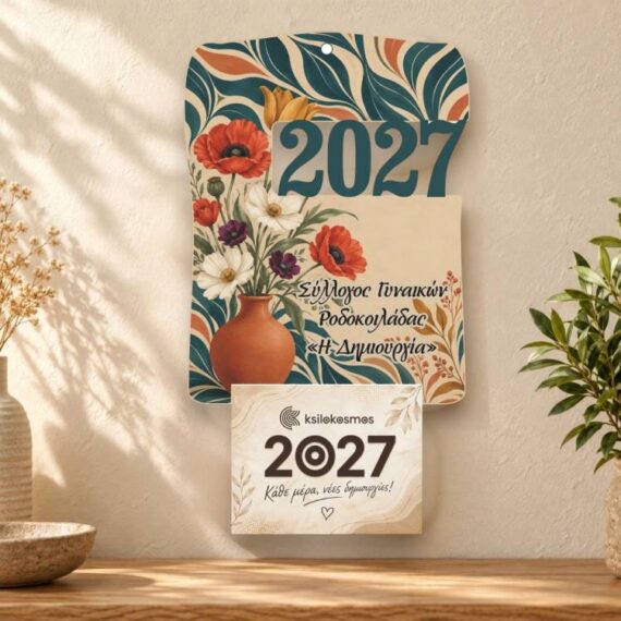 Ξύλινο Ημερολόγιο Τοίχου 2027 Βάζο με Παπαρούνες Vintage
